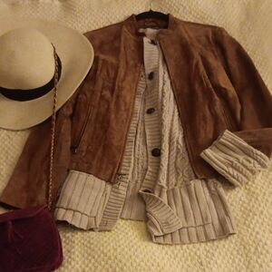 Valerie Stevens Brown Suede Bomber Jacket Also Pictured JOHN PAUL RICHARD Sweatr